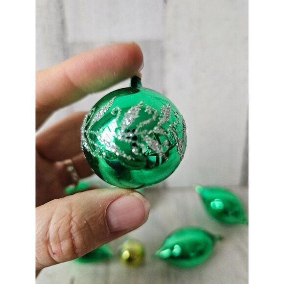 Vintage green ball teardrop Kurt Adler glitter silver set ornament tree Xmas - Picture 3 of 8
